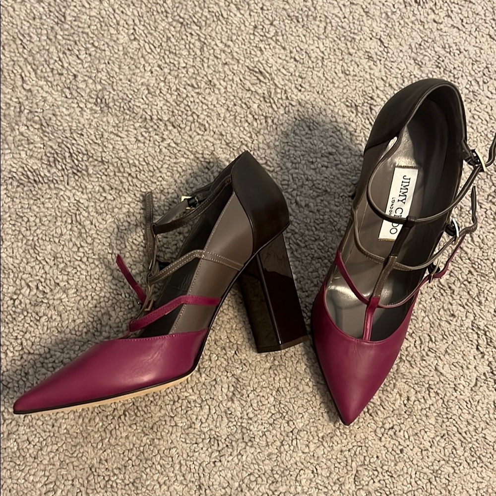 Jimmy Choo Pink and Brown Leather Pointed Toe Block Heel Pumps